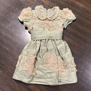 Pinco Pallino Green Sundress with Puff Sleeves and Peter Pan Collar, Silk